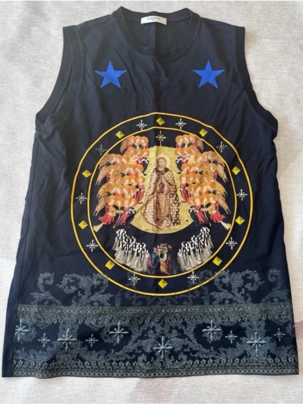 Givenchy Black Sleeveless Tee with Blue Stars and Gold Medallion